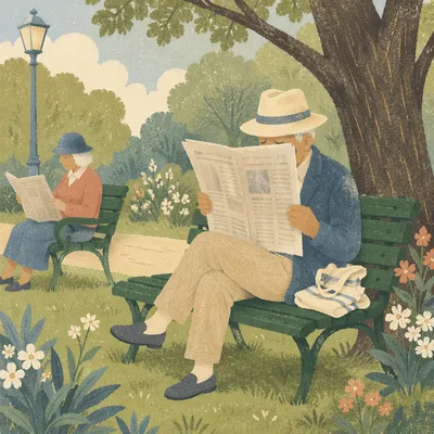 Elderly Man Reading Newspaper on Park Bench