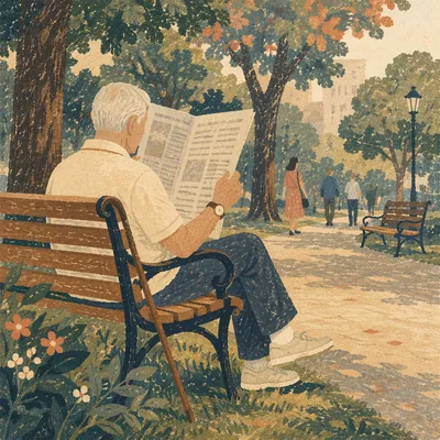 Elderly Man Reading on Park Bench