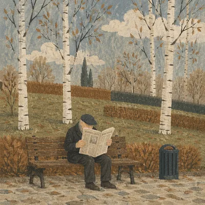 Elderly Man Reading on Quiet Park Bench