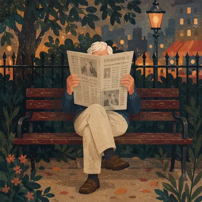 Elderly Man Reading Newspaper at Dusk
