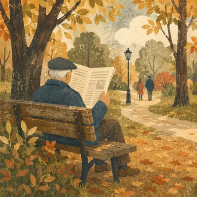 Elderly Man Reading Newspaper in Autumn Park