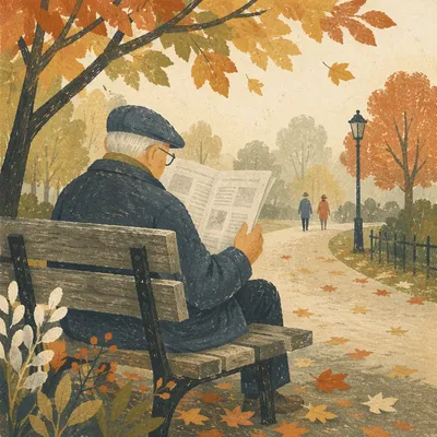 Elderly Man Reading on Autumn Park Bench