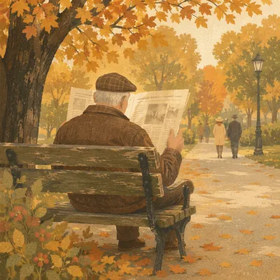 Elderly Man Reading Newspaper in Autumn Park