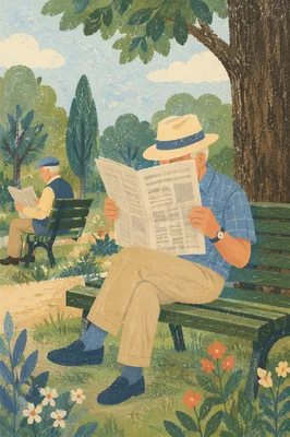 Elderly Man Reading Newspaper on Park Bench