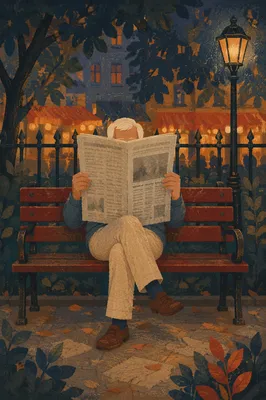 Elderly Man Reading Newspaper at Dusk
