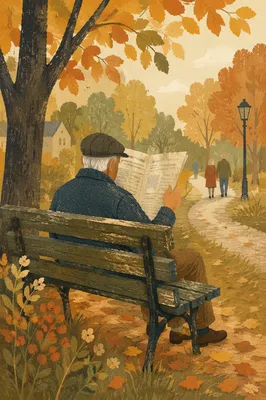 Elderly Man Reading on Autumn Park Bench
