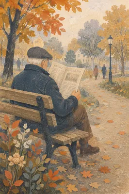 Elderly Man Reading Newspaper in Autumn Park