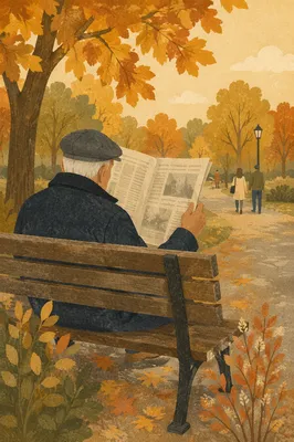 Elderly Man Reading on Autumn Park Bench