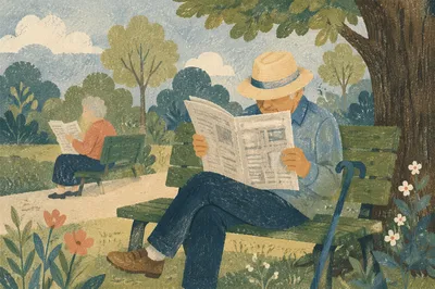 Elderly Man Reading Newspaper on Park Bench