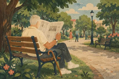 Elderly Man Reading Newspaper in Park