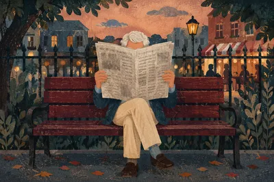 Elderly Man Reading Newspaper at Dusk
