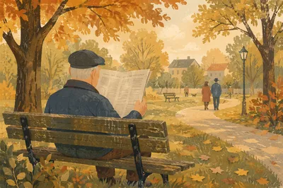 Elderly Man Reading on Autumn Park Bench