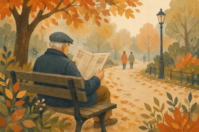 Elderly Man Reading on Autumn Park Bench