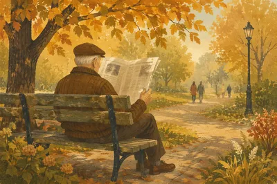 Elderly Man Reading Newspaper in Autumn Park