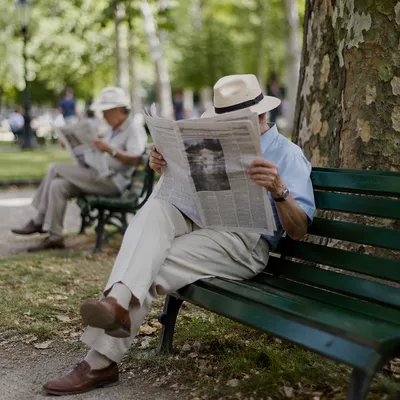 Elderly Man Reading Newspaper on Park Bench