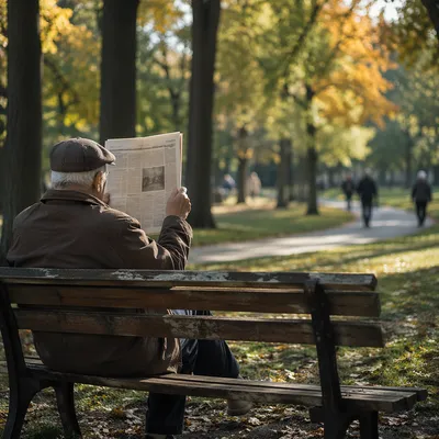 Elderly Man Reading Newspaper in Autumn Park