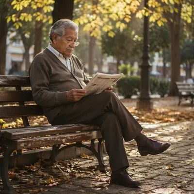 Elderly Man Reading Newspaper in Autumn Park
