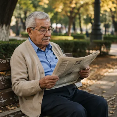 Elderly Man Reading Newspaper on Park Bench