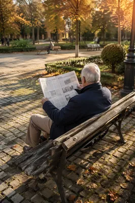 Elderly Man Reading on Park Bench