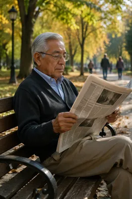 Elderly Man Reading Newspaper on Park Bench