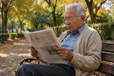 Elderly Man Reading Newspaper on Park Bench