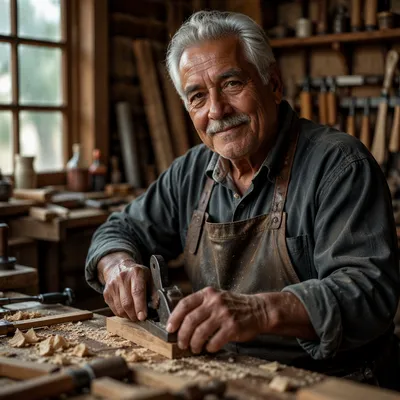 Elderly Woodworker Shaping Oak at Workbench