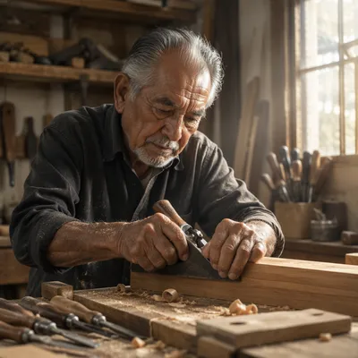 Elderly Woodworker Shaping Oak in Sunlit Workshop