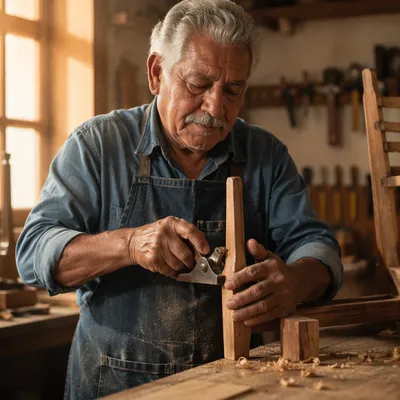 Elderly Woodworker Shaping Chair Leg by Hand