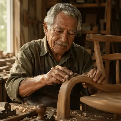 Elderly Woodworker Smoothing Handmade Chair Arm