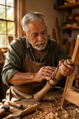 Elderly Woodworker Smoothing Chair Leg