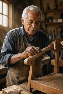 Elderly Woodworker Smoothing Chair Arm Indoors