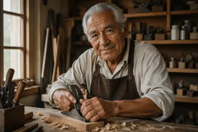 Elderly Woodworker Shaping Oak at Bench
