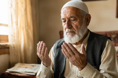 Elderly Man Praying by Sunlit Window
