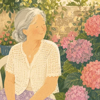 Gentle Senior Woman in Garden Flowers