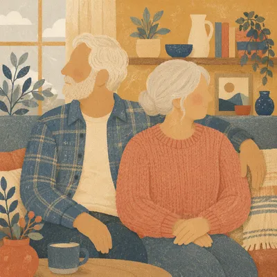 Gentle Elderly Couple on Cozy Sofa