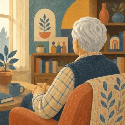 Gentle Senior Portrait with Folk Art Warmth