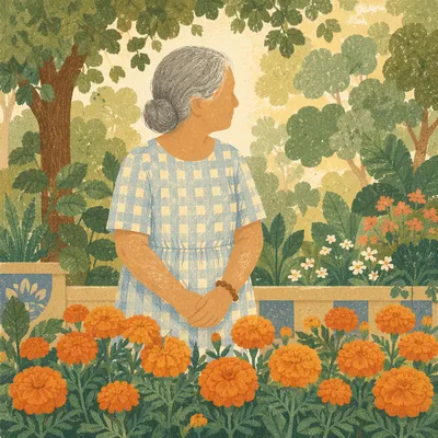 Gentle Elderly Woman Among Garden Marigolds