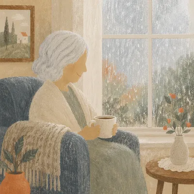 Gentle Elderly Portrait by Rainlit Window