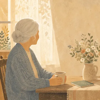 Gentle Senior by Sunlit Kitchen Window