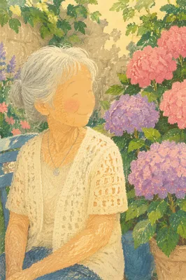 Gentle Elderly Woman in Blooming Garden