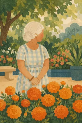 Gentle Elderly Woman Among Orange Marigolds