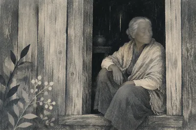 Gentle Elderly Portrait in Rustic Doorway