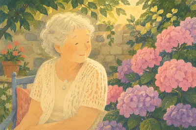 Gentle Elderly Woman in Hydrangea Garden