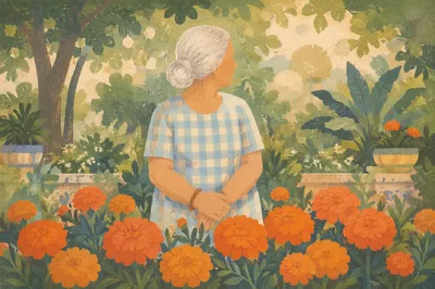 Gentle Elderly Woman Among Marigolds