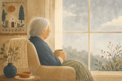 Peaceful Elderly Portrait by Rainy Window
