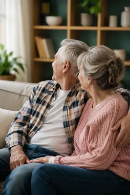 Tender Elderly Couple on Cozy Sofa