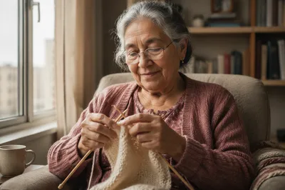 Elderly Woman Knitting by Window Light