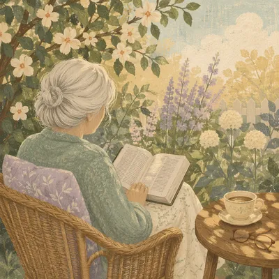 Peaceful Elderly Woman Reading Bible in Garden