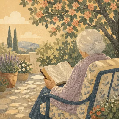 Elderly Woman Reading Bible in Garden