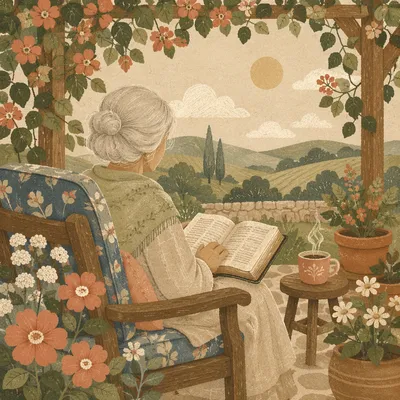 Peaceful Elderly Woman Reading Bible in Garden